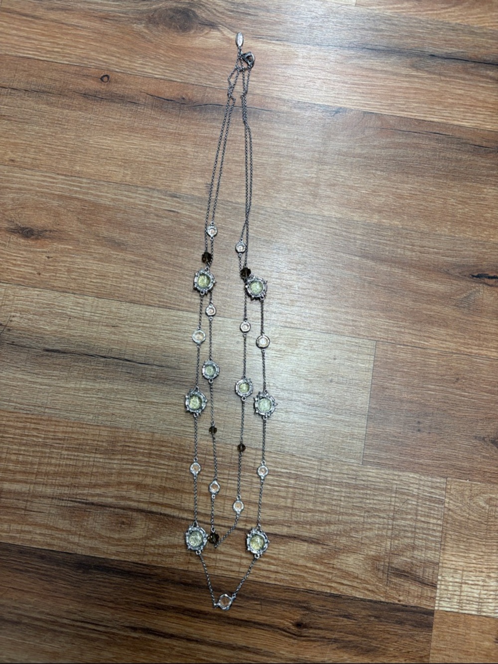 Silver-Tone Long Necklace with Light Green Crystal Accents
